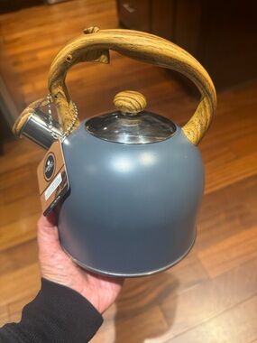 Matte Blue Stovetop Whistling Kettle with Wood-Effect Handle